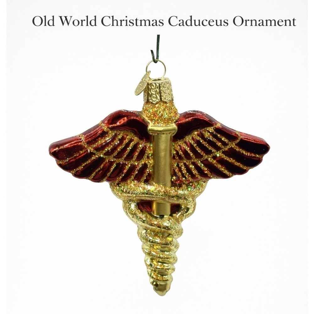 Old World Christmas Caduceus Glass Ornament Red Gold Medical Symbol 36148